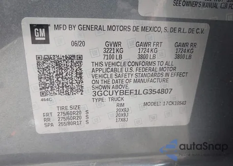 2020 Chevrolet Silverado 1500 4Wd Short Bed Custom z USA, uszkodzony, nr VIN 3GCUYBEF1LG354807